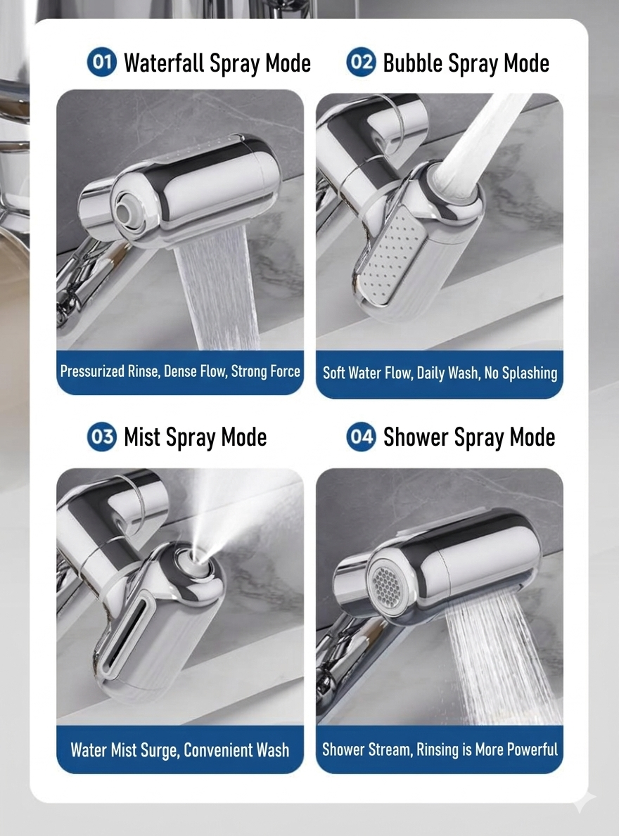 1080° Rotating Faucet Extender with Upward Facial Mist, 4 Water