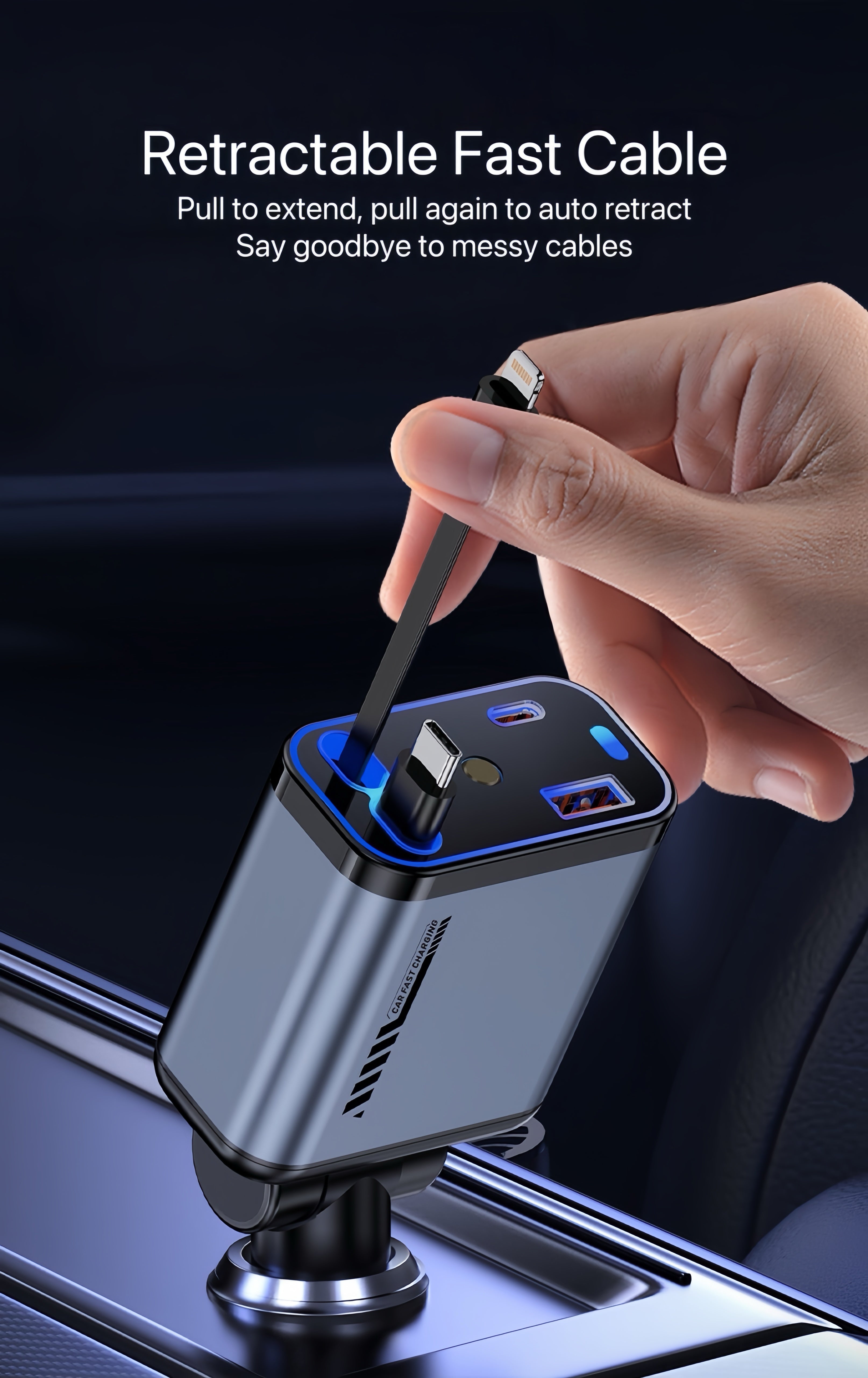 StarCharge 4-in-1 66W Retractable Car Charger with Starry Roof Light