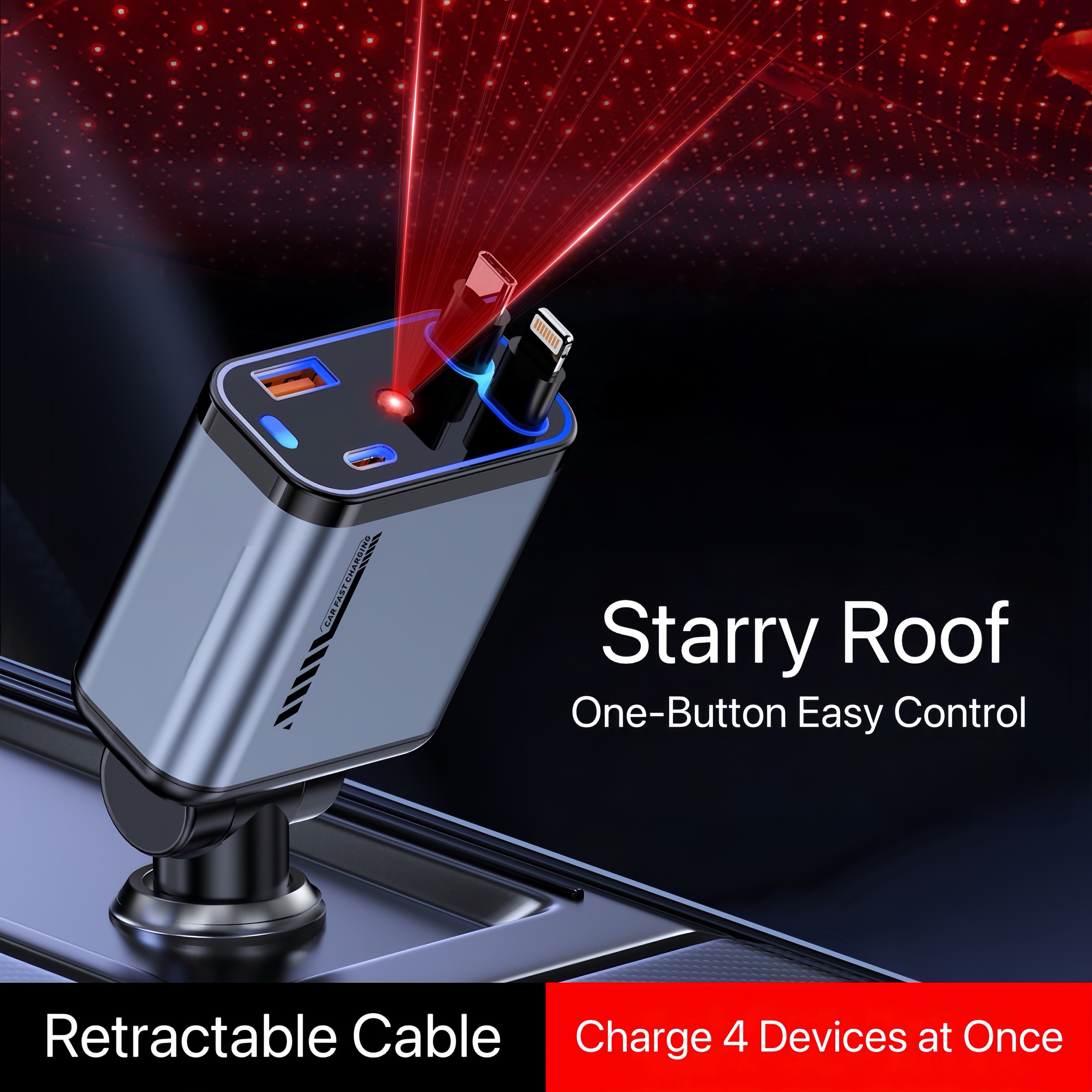 StarCharge 4-in-1 66W Retractable Car Charger with Starry Roof Light