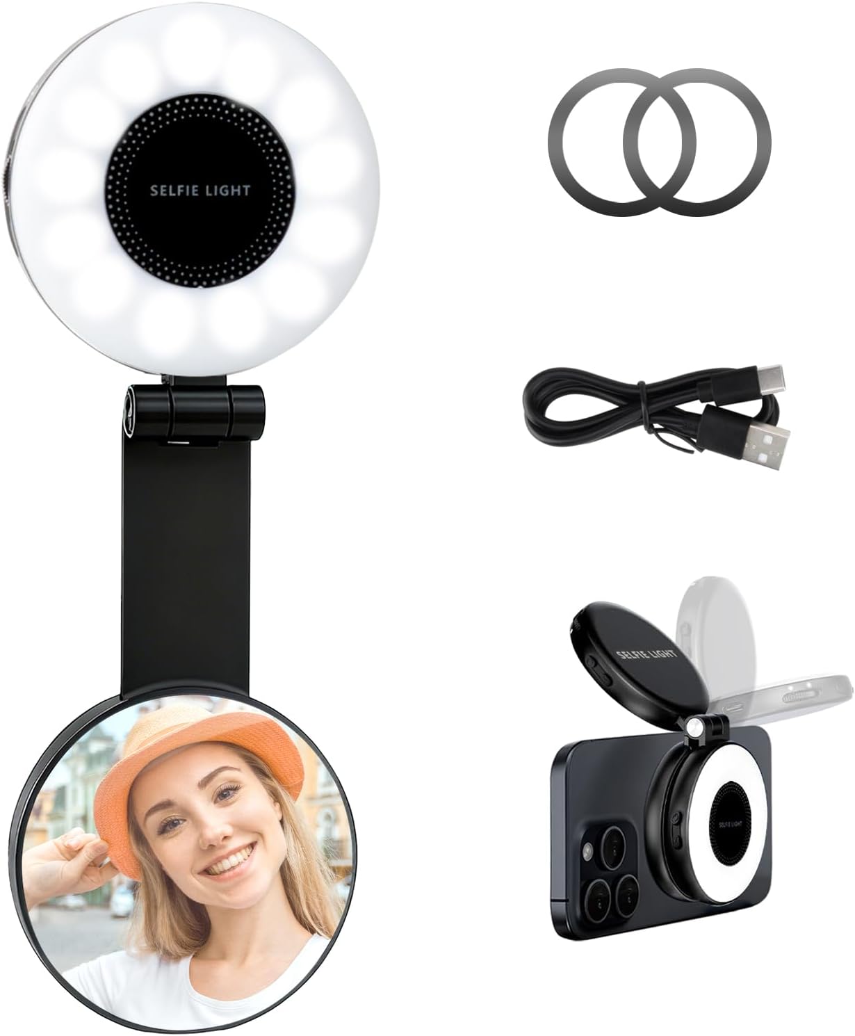 SnapLite Pro – CRI 95+ Magnetic 3-in-1 Selfie Light with Mirror
