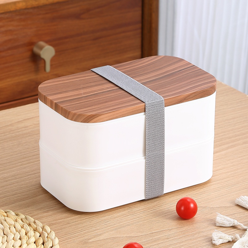 INS Wood Grain Double-Layer Plastic Lunch Box