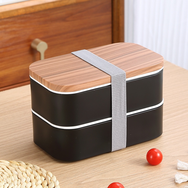 INS Wood Grain Double-Layer Plastic Lunch Box