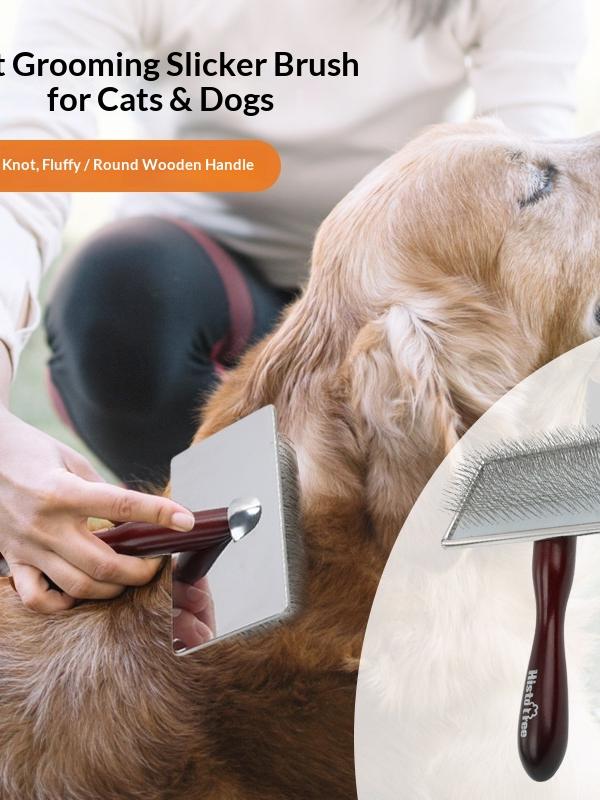 Wooden-Handle Pet Brush for Shed-Free Cats and Dogs